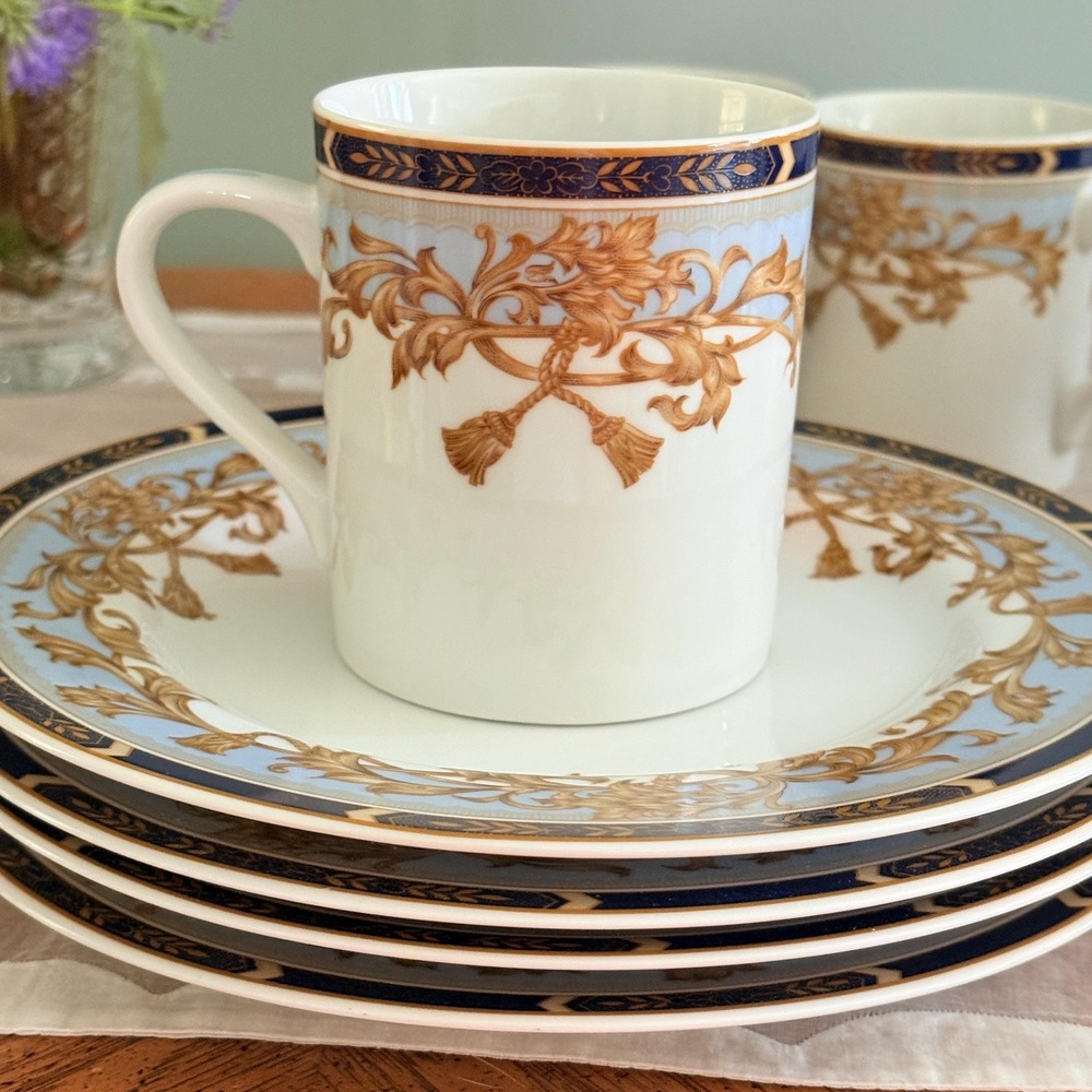 Vintage Andrea by Sadek Japan Porcelain Cup and Plate Set of 4 Blue & Gold